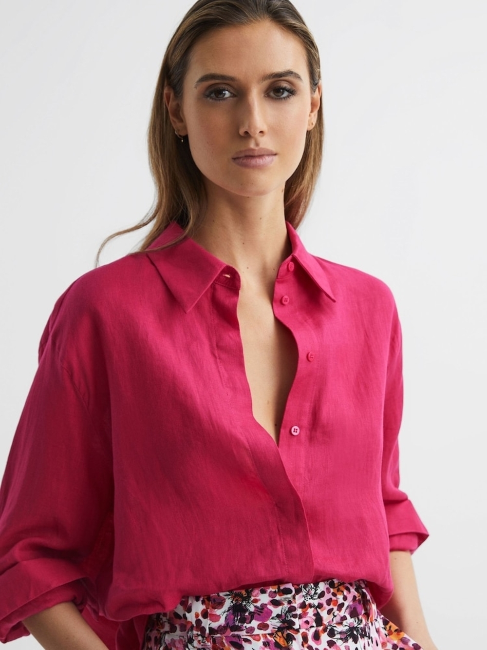 Reiss Bright Pink Linen Shirt 100% Linen Button Up Large Relaxed Fit